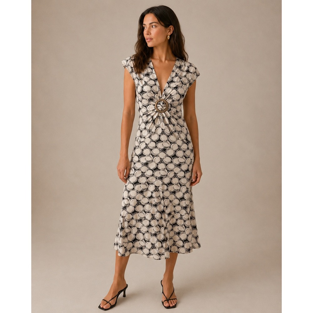 Vintage‎ Y2k 90s Midi Dress Women 3/4 Cream Black Jersey Knit Ring Minimalist